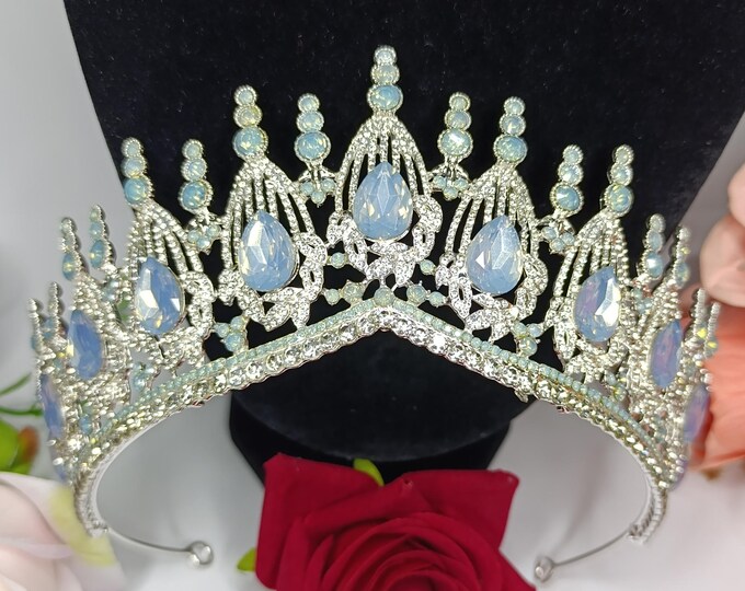 Light Blue Opal Quinceañera Tiara and Crown with Necklace and Earrings
