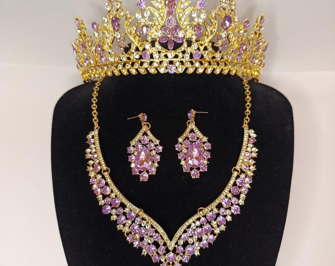 Regal Purple Crystal Bridal Crown - Baroque Quinceanera 15 Tiara with Necklace & Earrings, Lavender Gold Prom Headpiece, Purple Baroque