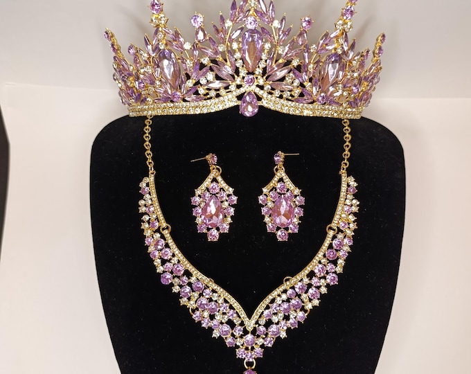 Regal Purple Crystal Bridal Crown - Baroque Quinceanera Tiara with Necklace & Earrings, Lavender Gold Prom Headpiece, Purple Baroque