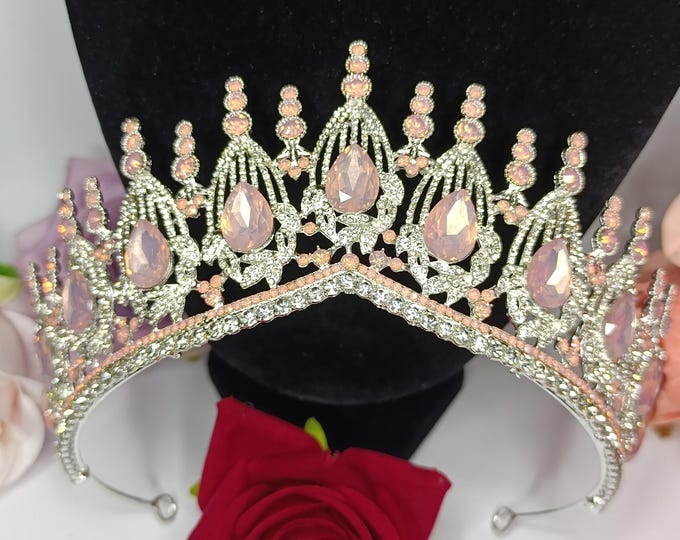 Light Pink Silver Opal Quinceañera Tiara and Crown : Crystal Tiara Jewelry Set