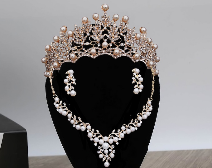 BEPHORA Handmade Baroque Pearls Princess Royal Jewelry Sets Tiaras and Crowns Women Pageant Diadem Ornament Wedding Hair Jewelry Accessories