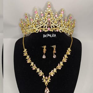 Pink Baroque Crystal Quinceanera Crown - Pink Gold Tiara, Necklace and Earrings, Bridal Jewelry Set, Wedding Headpiece Crown, Prom Jewelry
