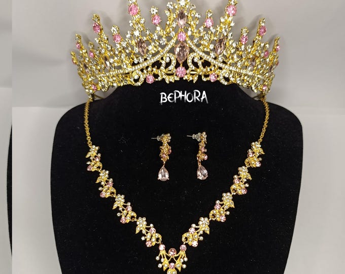 Pink Baroque Crystal Quinceanera Crown - Pink Gold Tiara, Necklace and Earrings, Bridal Jewelry Set, Wedding Headpiece Crown, Prom Jewelry