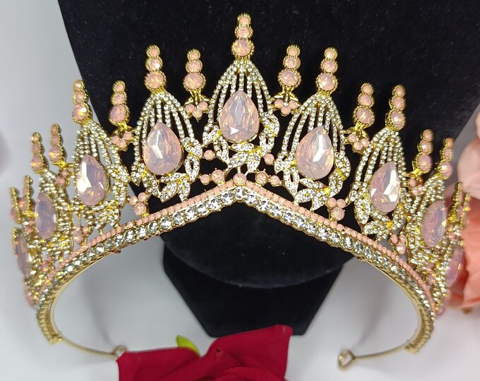 Light Pink Gold Opal Quinceañera Tiara and Crown : Crystal Tiara Jewelry Set