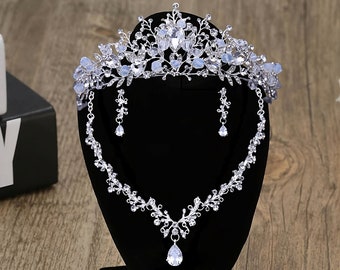 Baroque Handmade Crystal Beads Bridal Jewelry Set - Rhinestone Crown Tiara Necklace Earrings, Wedding African Beads Jewelry Set, Blue Tiara