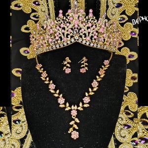 Pink Baroque Crystal Quinceanera Crown - Pink Gold Tiara, Necklace and Earrings, Bridal Jewelry Set, Wedding Headpiece Crown, Prom Jewelry