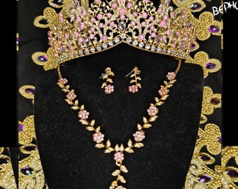 Pink Baroque Crystal Quinceanera Crown - Pink Gold Tiara, Necklace and Earrings, Bridal Jewelry Set, Wedding Headpiece Crown, Prom Jewelry