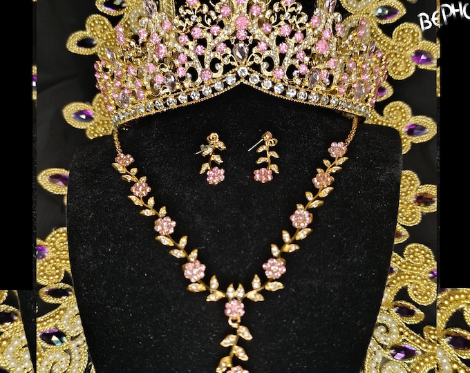 Pink Baroque Crystal Quinceanera Crown - Pink Gold Tiara, Necklace and Earrings, Bridal Jewelry Set, Wedding Headpiece Crown, Prom Jewelry