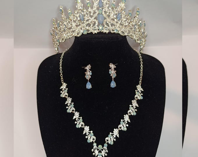 Light Blue Opal Bridal Tiara - Quinceanera Crown, Blue Opal Jewelry Necklace Earrings, Baby Blue Quince Crown, Sweet 16 Crown, Wedding Set