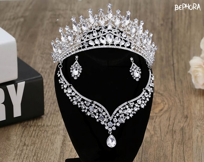BEPHORA Handmade Princess Luxury Silver Green 2023 Tiaras Crown Necklace Earrings Queen Crown Bridal Hair Jewelry Wedding Dress Accessories