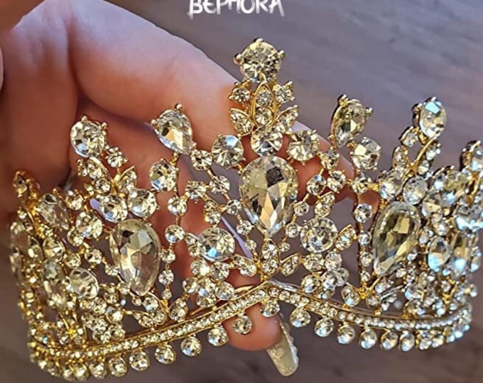 BEPHORA Handmade Vintage Gold Luxury Pageant Crystal Bride Rhinestone Headdress Queen Tiara Crown Women Diadem Accessories