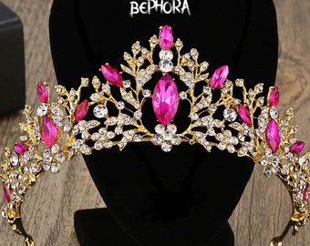 Handmade Crystal Rose Queen Tiara: Gold Wedding Crown