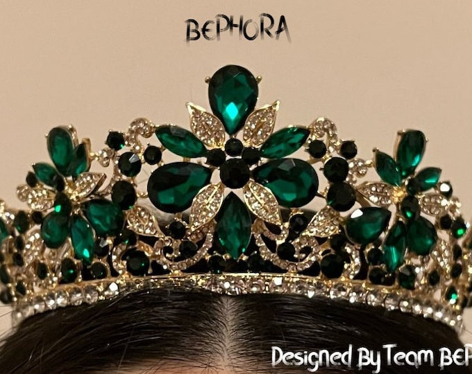 BEPHORA Handmade Baroque Vintage Custom Diary Embellished with Vintage Green & Black Crystals, Regal Wedding Tiara, Unique Bridal Party Gift