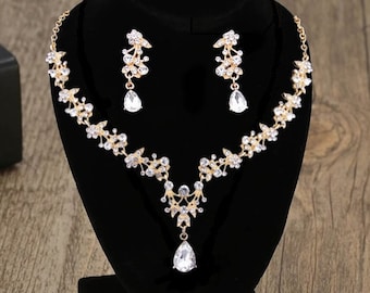 Rhinestone Bridal Jewelry Set: Copper Wedding Necklace Earrings