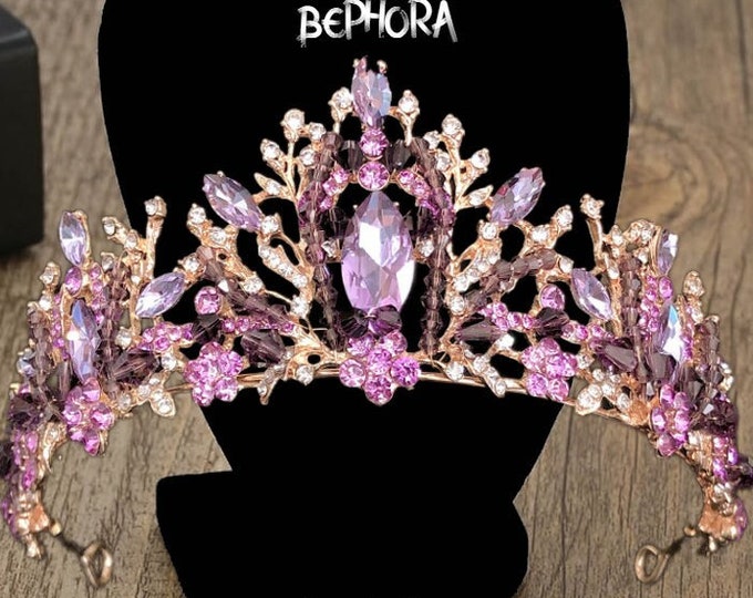 BEPHORA Handmade Princess NEW Purple Jewelry Rhinestones Queen Pageant Crown Bridal Hair Jewelry Wedding Dress Accessories Veil Headband