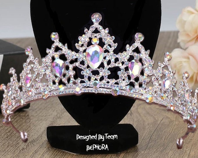 Regal Iridescent Bridal Tiara - Gold Quince Crown with AB Crystals - Luxurious Wedding Headpiece - Perfect Sweet 16 Present Unique Sweet 16