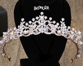 Rose Gold Wedding Crown: Crystal & Pearl Bridal Tiara