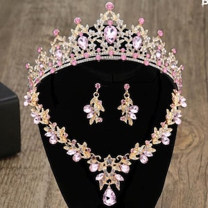 Pink Baroque Crystal Quinceanera Crown - Pink Gold Tiara, Necklace and Earrings, Bridal Jewelry Set, Wedding Headpiece Crown, Prom Jewelry
