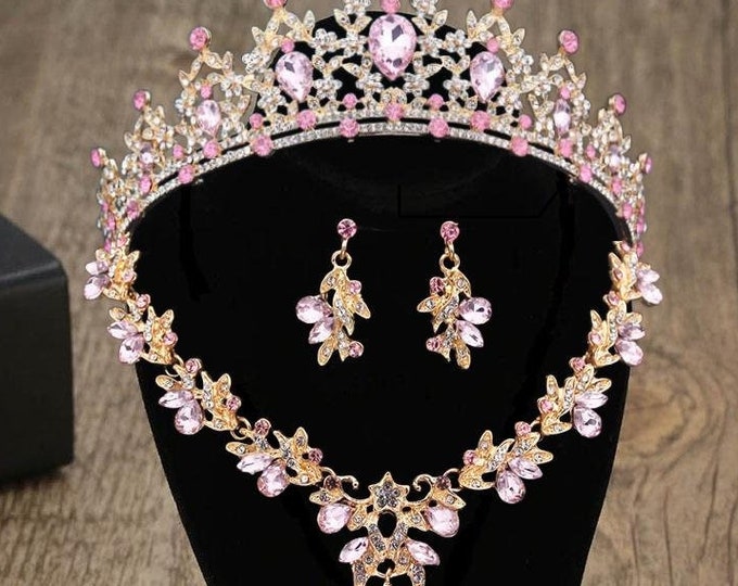Pink Baroque Crystal Quinceanera Crown - Pink Gold Tiara, Necklace and Earrings, Bridal Jewelry Set, Wedding Headpiece Crown, Prom Jewelry