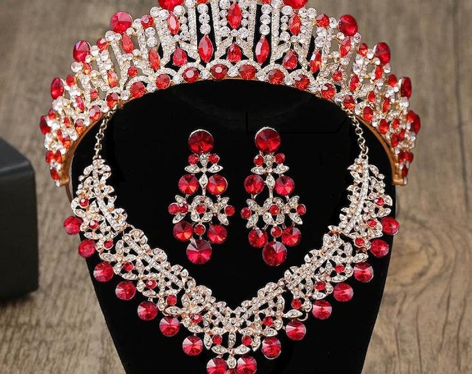 RED Baroque Crystal Quinceanera 15 Crown, RED Gold Tiara, Necklace and Earrings, Bridal Jewelry Set, Wedding Headpiece Crown, Prom Jewelry