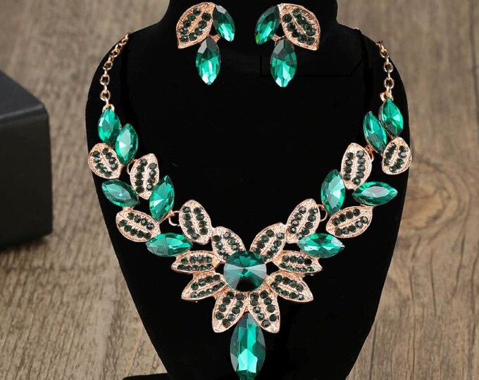 BEPHORA Handmade Fashion Green Flowers Luxury Jewelry Sets For Women Earrings Necklace Gift Jewelry Lover Brides Wedding Necklace Bridal