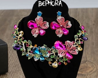 Handmade Crystal Bridal Jewelry Set: Colorful Rhinestone Necklace Earrings