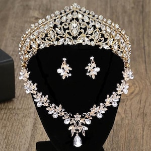Gold Baroque Crystal Crown Earring Set: Bridal Headpiece