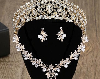 Gold Baroque Crystal Crown Earring Set: Bridal Headpiece