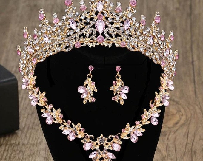 Pink Baroque Crystal Quinceanera Crown - Pink Gold Tiara, Necklace and Earrings, Bridal Jewelry Set, Wedding Headpiece Crown, Prom Jewelry
