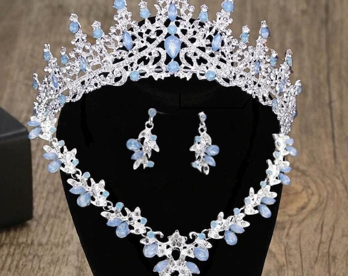 Light Blue Opal Bridal Tiara - Quinceanera Crown, Blue Opal Jewelry Necklace Earrings, Baby Blue Quince Crown, Sweet 15 Crown, Wedding Set