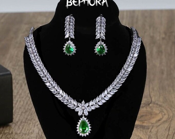 BEPHORA Handmade Blue Green Rhinestone Pendant New Earrings Necklace Gift Jewelry Sets Lover Brides Women Wedding Crystal Luxury Bridal