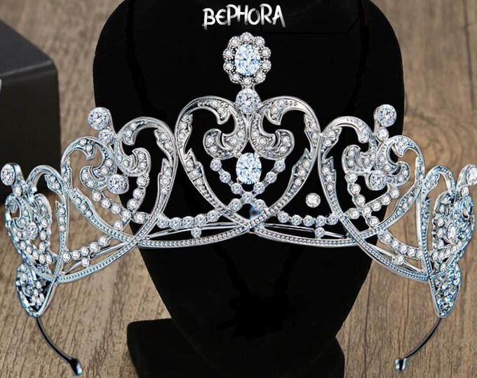 BEPHORA Silver Wedding Tiara - White Crystal Bridal Crown, Elegant Girls Birthday Party Crown, Silver Photoshoot Crown, Wedding Decors