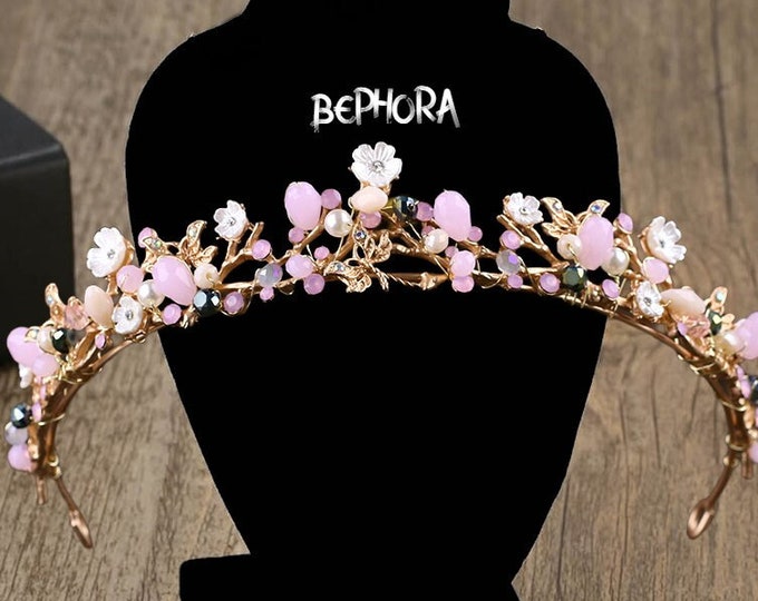 BEPHORA Handmade New Luxury Vintage Gold Flower Crystal Bride Bridal Rhinestone Headdress Leaf Royal Queen Tiara Crown Women Ornament Diadem
