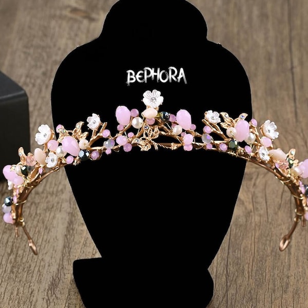 BEPHORA Handmade New Luxury Vintage Gold Flower Crystal Bride Bridal Rhinestone Headdress Leaf Royal Queen Tiara Crown Women Ornament Diadem