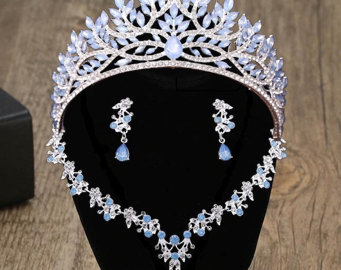 Light Blue Opal Bridal Tiara - Quinceanera Crown, Blue Opal Jewelry Necklace Earrings, Baby Blue Quince Crown, Sweet 16 Crown, Wedding Set