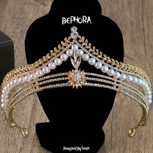 Handmade Gold Wedding Tiara: Pearl Bridal Crown, Pageant Hair Jewelry