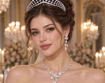 Crystal Bridal Tiara Necklace Earrings Set, Silver Royal Wedding Jewelry 39