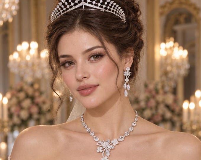 Crystal Bridal Tiara Necklace Earrings Set, Silver Royal Wedding Jewelry 39