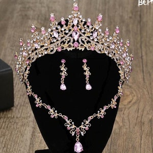 Pink Baroque Crystal Quinceanera 15 Crown, Pink Gold Tiara, Necklace and Earrings, Bridal Jewelry Set, Wedding Headpiece Crown, Prom Jewelry
