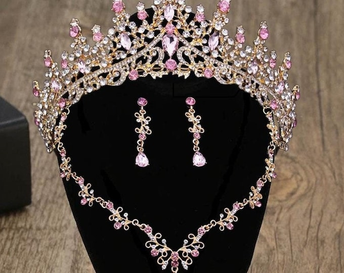 Pink Baroque Crystal Quinceanera 15 Crown, Pink Gold Tiara, Necklace and Earrings, Bridal Jewelry Set, Wedding Headpiece Crown, Prom Jewelry