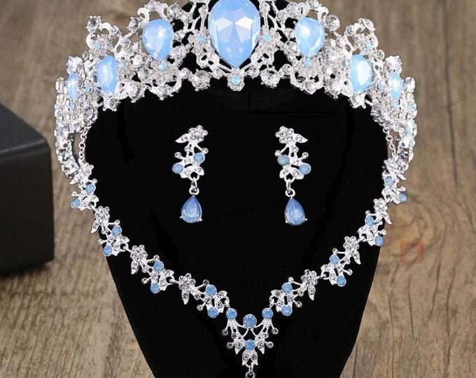 Light Blue Opal Bridal Tiara - Quinceanera Crown, Blue Opal Jewelry Necklace Earrings, Baby Blue Quince Crown, Sweet 15 Crown, Wedding Set