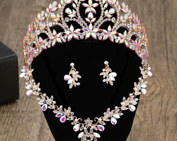 BePhora Iridescent NEW Gold AB Crystal Quinceanera Crown - Gold AB, Silver Quince Crown, Necklace, Earrings Wedding Headpiece Tiara Sweet 16