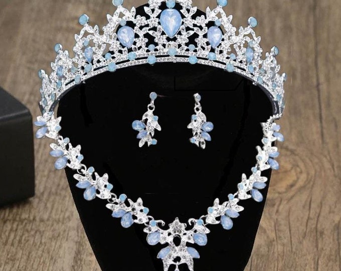 Light Blue Opal Bridal Tiara - Quinceanera Crown, Blue Opal Jewelry Necklace Earrings, Baby Blue Quince Crown, Sweet 15 Crown, Wedding Set