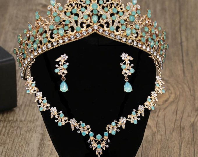 Opal Bridal Tiara Set - New Light Green Quinceanera Crown with Matching Jewelry, Elegant Wedding Accessory for Brides & Sweet 15 Gifts Green
