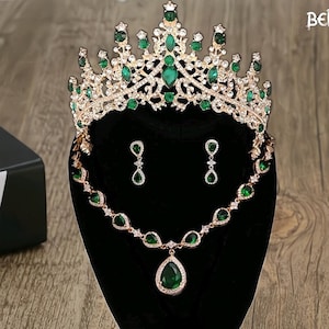 Emerald Green Crystal Bridal Tiara: Gold Quinceanera Crown, Necklace & Earrings