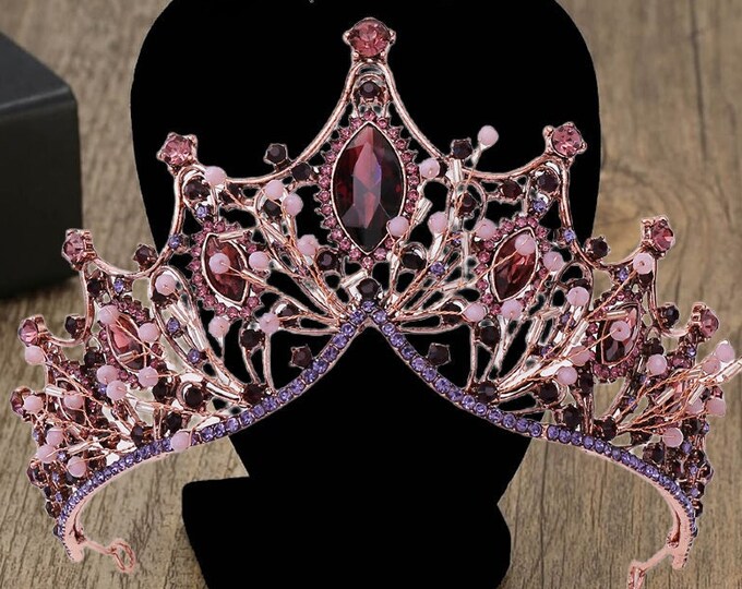 Handmade Princess Jewelry - Large Full Circle Rhinestones Queen Pageant Crown, Bridal Hair Jewelry, Wedding Dress Accessories, Purple Tiara