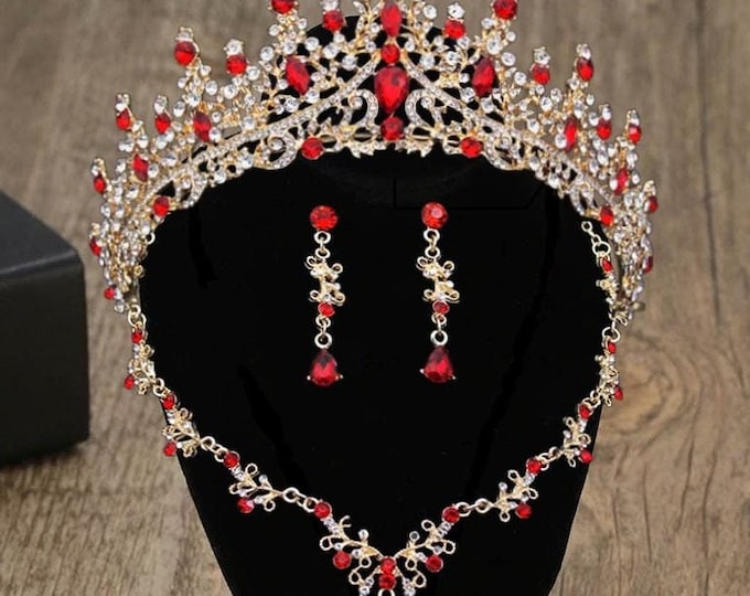 RED Baroque Crystal Quinceanera 15 Crown, RED Gold Tiara, Necklace and Earrings, Bridal Jewelry Set, Wedding Headpiece Crown, Prom Jewelry