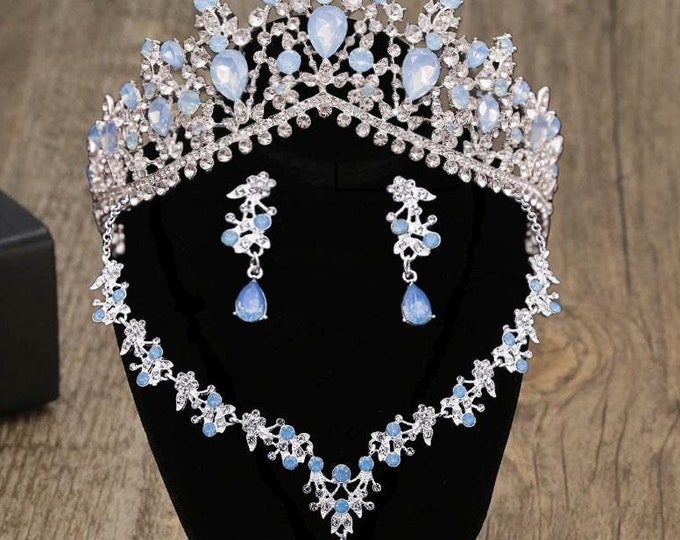 Light Blue Opal Bridal Tiara - Quinceanera Crown, Blue Opal Jewelry Necklace Earrings, Baby Blue Quince Crown, Sweet 15 Crown, Wedding Set