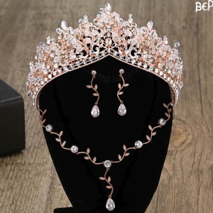 Rose Gold Baroque Crystal Crown and Earrings: Bridal Jewelry Set