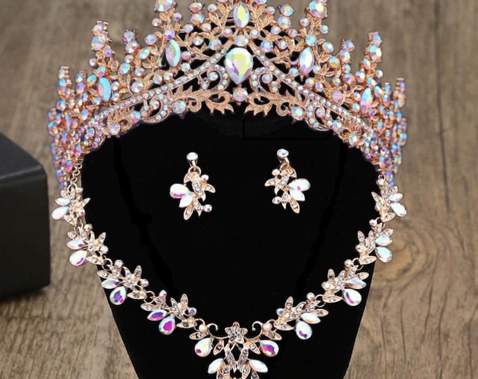 BePhora Iridescent AB Crystal Quinceanera Crown - Gold AB Crystal, Silver Quince Crown, Necklace, Earrings Wedding Headpiece Tiara Sweet 16